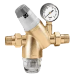 Caleffi 5350 Series pressure reducing valve with pre-adjustable dial and pressure gauge for marine water systems.