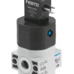 Festo HEE-D-MINI-24 pneumatic on-off solenoid valve 165072 with 24V DC coil and die-cast aluminum housing.