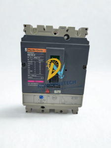 Merlin Gerin Compact NS100H TM40D Front Panel View Front face of a Merlin Gerin Compact NS100H TM40D circuit breaker showcasing the rating label, trip unit dial settings, and toggle switch.