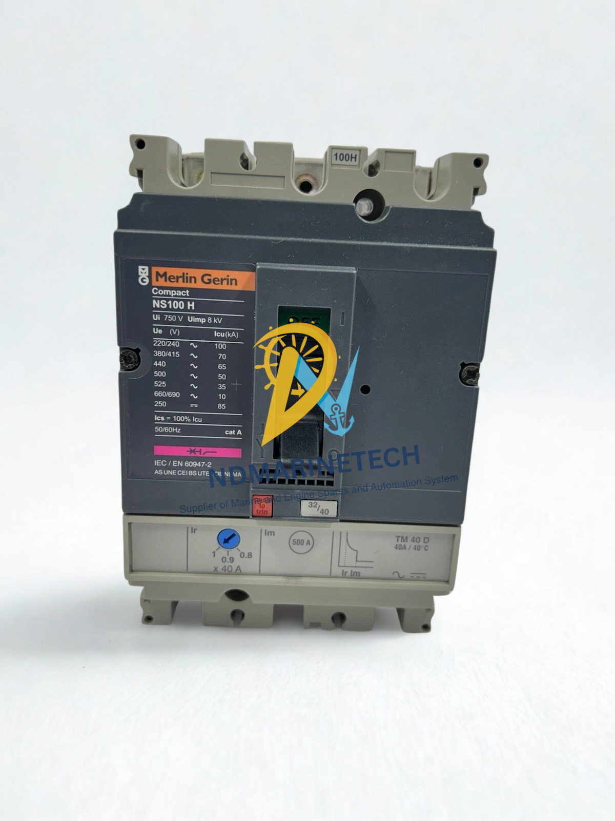 Merlin Gerin Compact NS100H TM40D(1) Front face of a Merlin Gerin Compact NS100H TM40D circuit breaker showcasing the rating label, trip unit dial settings, and toggle switch.