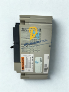Technical Label on Merlin Gerin Compact NS100H Breaker Side view of Merlin Gerin Compact NS100H circuit breaker showing the manufacturer's technical data sheet label, MPN 29673, and UL certification stamps.