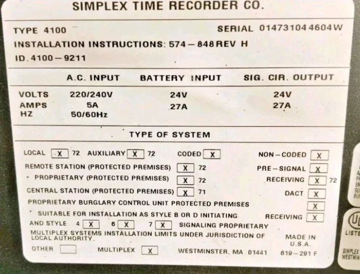 Simplex 4100‑9211 Fire Alarm Control Panel System – 220/240 V