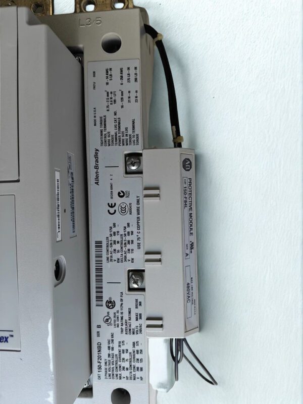 allen-bradley-150-f201nbd-specs-label-150-f84l Technical specification label for Allen-Bradley 150-F201NBD Series B with 150-F84L protective module attached