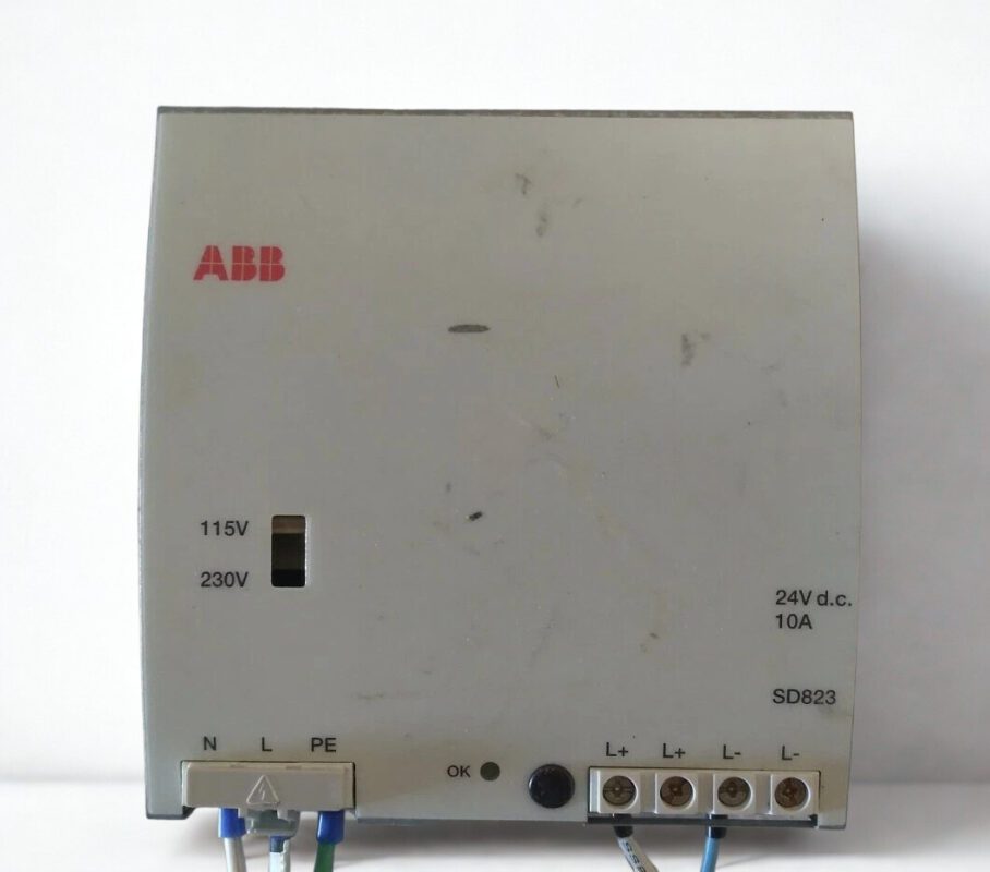 ABB-SD823-3BSC610039R1-24V-10A-Front-Panel Front panel of ABB SD823 power supply unit featuring the 115V/230V voltage selector switch, 24V DC 10A output indicator, and wiring terminal connections for N, L, PE, and L+/L-