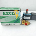 Brand new ASCO JPIS8317B307 24V DC solenoid valve displayed next to its original green and white ASCO manufacturing box.