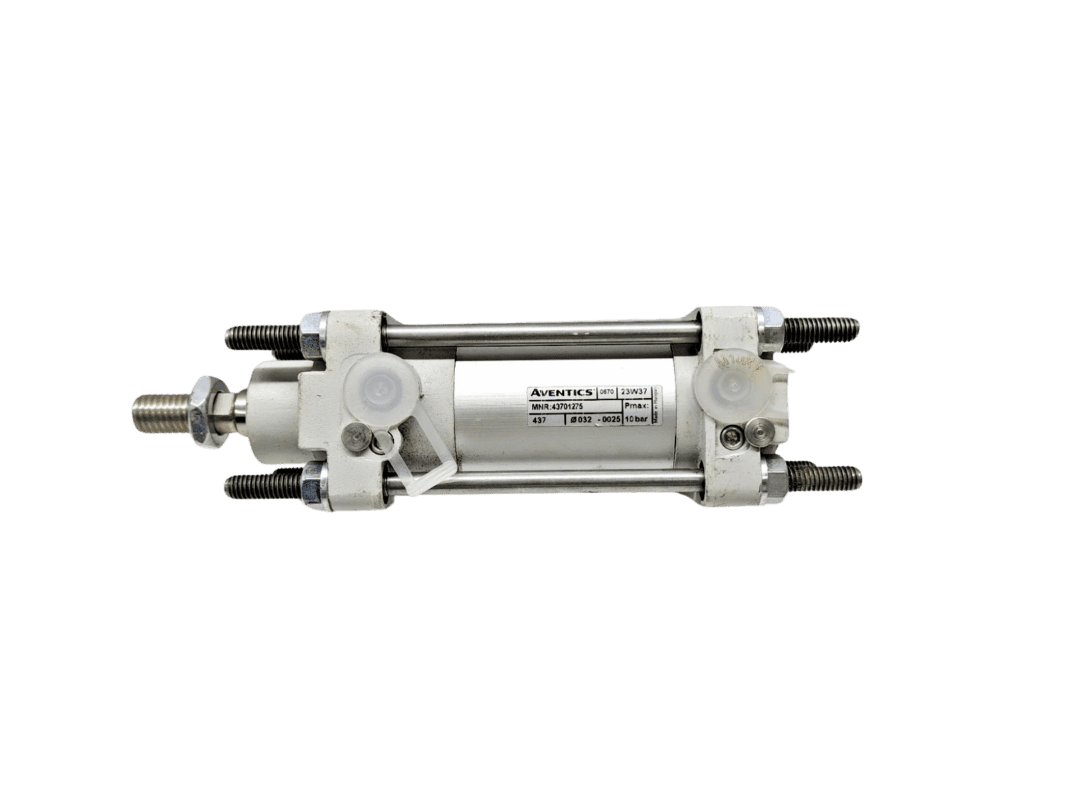 AVENTICS 43701275 Industrial Actuator AVENTICS 43701275 pneumatic actuator with protective plastic port covers, highlighting the tie-rod construction and 32mm bore size.