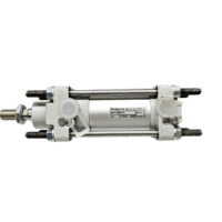 AVENTICS 43701275 pneumatic actuator with protective plastic port covers, highlighting the tie-rod construction and 32mm bore size.