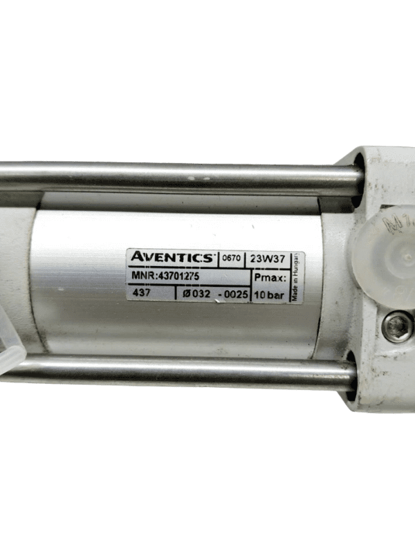 AVENTICS 43701275 Specifications Label Close-up of AVENTICS 43701275 pneumatic cylinder nameplate showing MNR 43701275, 32mm diameter, 25mm stroke, and 10 bar max pressure.