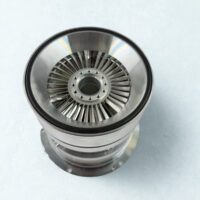 Top-down view of the Agilent 8698928R004 turbomolecular pump inlet, showing the internal rotor blades and vacuum flange seal