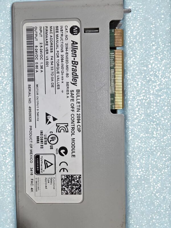 Allen Bradley 2094-EN02D-M01-S0 Manufacturer Label and Specs Technical specification label of Allen Bradley Bulletin 2094 CIP Safe Off Control Module with serial number and firmware version.