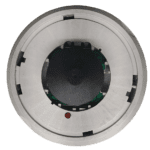 Front view of the circular Autronica BHH-31A analog addressable smoke detector featuring the optical sensor chamber and red LED alarm indicator
