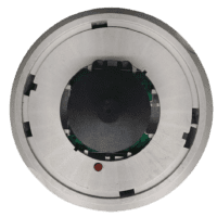 Front view of the circular Autronica BHH-31A analog addressable smoke detector featuring the optical sensor chamber and red LED alarm indicator