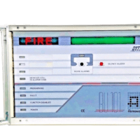 Front face of Autronica BU-101 DYFI fire alarm panel featuring LCD display and status indicators for Fire, Fault, and Power