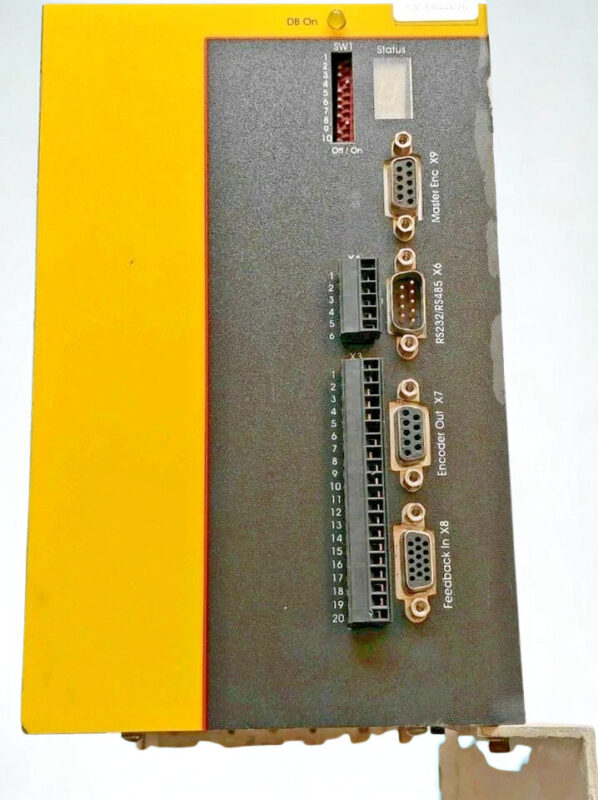 Baldor MDH4A27TR-EN23 Communication and Feedback Ports Close-up of Baldor MDH4A27TR-EN23 MintDrive II ports showing Master Enc X9, RS232 RS485 X6, and Feedback In X8 connections