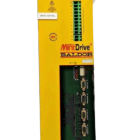 Front view of Baldor MintDrive II MDH4A27TR-EN23 AC Servo Drive in yellow and black casing with terminal blocks and status display