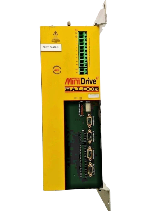 Baldor MintDrive II MDH4A27TR-EN23 Servo Drive Front Panel Front view of Baldor MintDrive II MDH4A27TR-EN23 AC Servo Drive in yellow and black casing with terminal blocks and status display