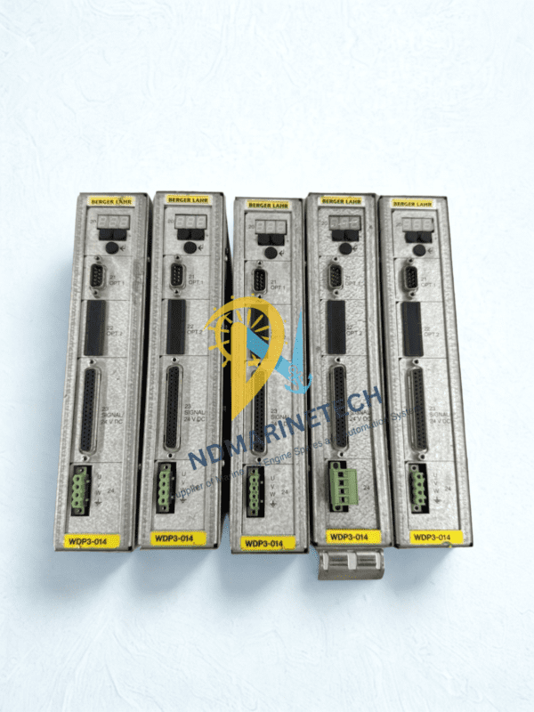 BERGER LAHR WDP3-014.0801 Front Interfaces and Motor Terminals Front control panels of BERGER LAHR WDP3-014 drives showing 7-segment status displays, OPT.1 communication ports, and 24V DC signal connectors