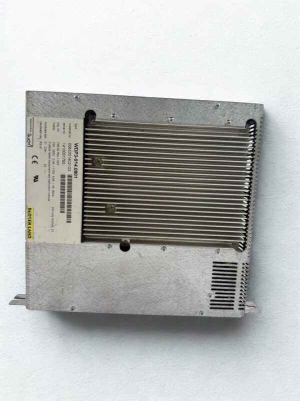 BERGER LAHR WDP3-014.0801 Heat Sink and Chassis Profile Side profile of the BERGER LAHR WDP3-014.0801 stepper drive showing the integrated aluminum heat sink and factory specification label