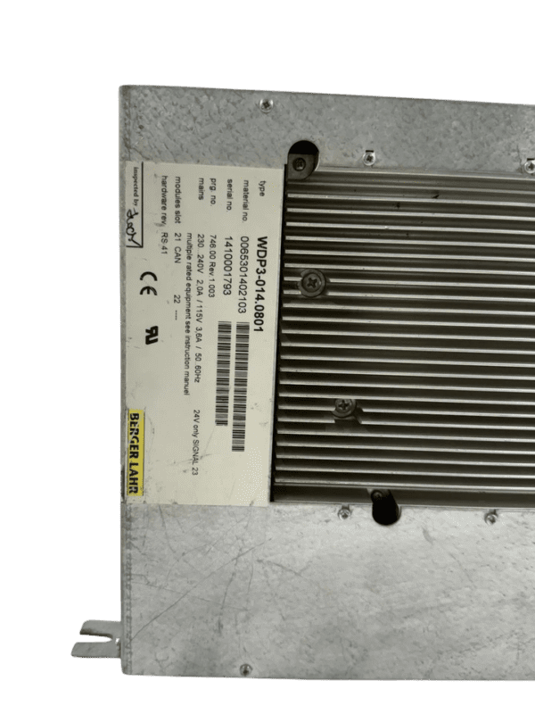 BERGER LAHR WDP3-014.0801 MPN 0065301402103 Data Label Technical specification label for BERGER LAHR WDP3-014.0801 detailing material number 0065301402103 and multi-voltage mains input ratings
