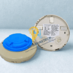 Front and rear view of the Fire-Lite SD355 Photoelectric Addressable Smoke Detector, displaying the blue dust cover, rear technical label, and rotary address dials. Supplied by NDMarineTech.