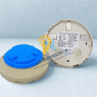 Front and rear view of the Fire-Lite SD355 Photoelectric Addressable Smoke Detector, displaying the blue dust cover, rear technical label, and rotary address dials. Supplied by NDMarineTech.