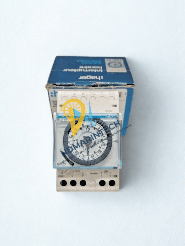 New Hager EH110 Daily Time Switch in Box New Hager EH110 daily time switch sitting in front of its original blue Hager packaging.