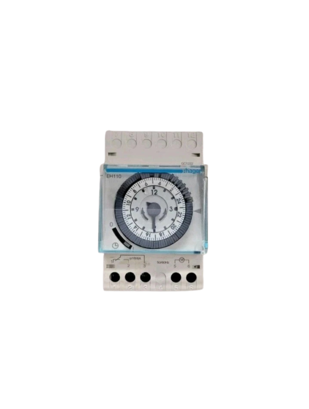 Hager EH110 1-Channel Analog Timer - Front View Hager EH110 daily time switch front view showing 24 hour analog dial and wiring diagram.