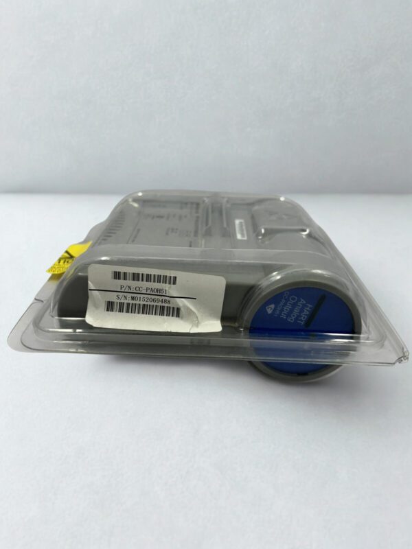 honeywell-cc-paoh51-new-in-blister-pack Original factory packaging for Honeywell CC-PAOH51 Analog Output Module with P/N and S/N barcode labels visible on the protective plastic