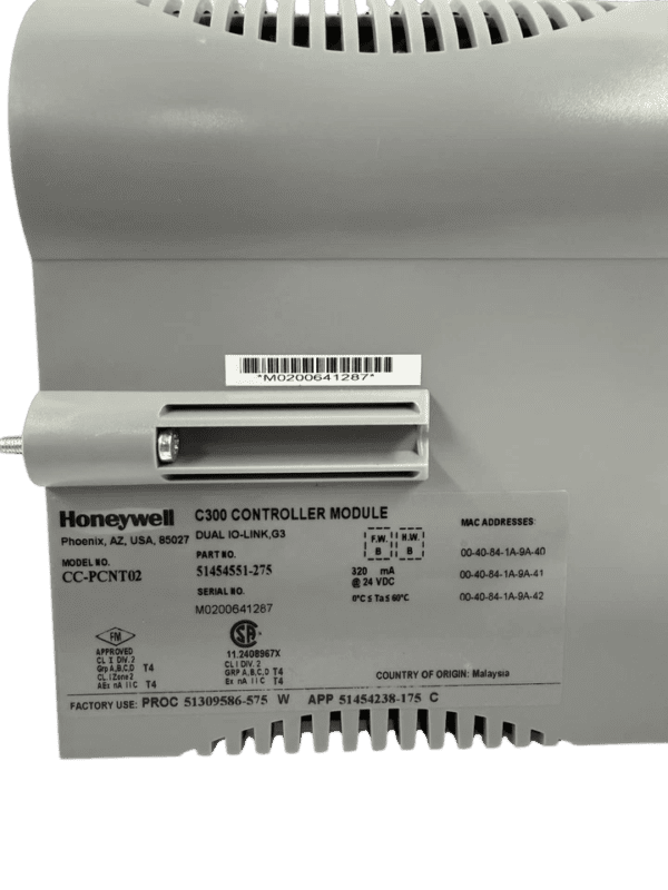 Honeywell CC-PCNT02 51454551-275 Label and Certifications Detailed side view of the Honeywell CC-PCNT02 controller showing the manufacturer label with part number 51454551-275