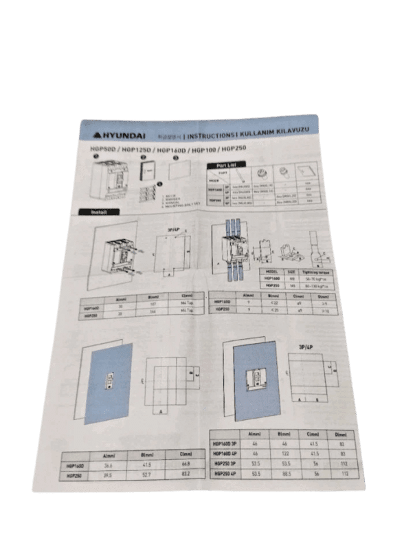 hyundai-hgp250na-installation-manual Technical instruction sheet and installation manual for Hyundai HGP series circuit breakers showing mounting dimensions and torque specifications