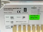 Technical specification label for Kongsberg Maritime LTU11 Lever Telegraph unit, showing part number 364330, serial number 4104, and BPU11 status indicators