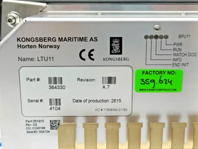 Kongsberg-Maritime-LTU11-Part-364330-Label Technical specification label for Kongsberg Maritime LTU11 Lever Telegraph unit, showing part number 364330, serial number 4104, and BPU11 status indicators