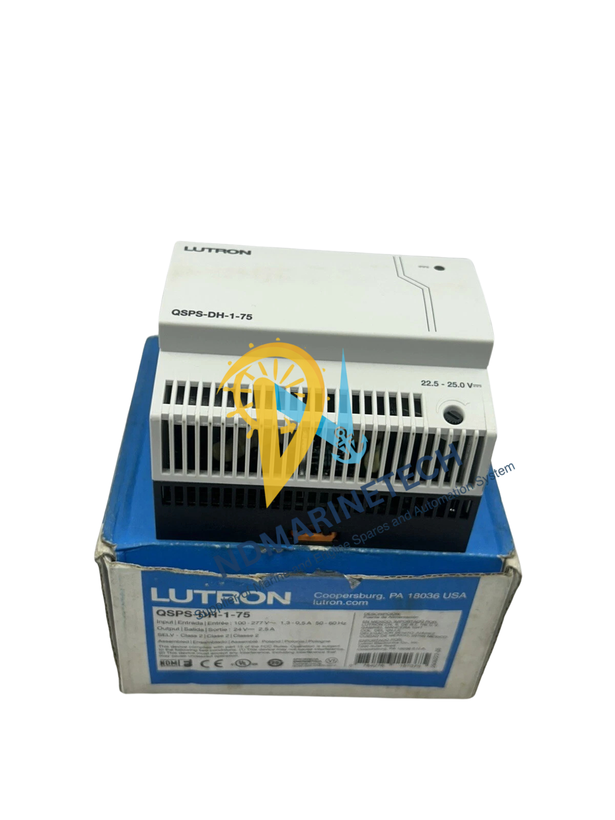 Lutron QSPS-DH-1-75(4) New Lutron QSPS-DH-1-75 power supply unit sitting on its original blue and white Lutron retail box