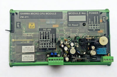 Lyngso ZM 411 Gamma Micro CPU Module Top-down view of a Lyngso Marine ZM 411 Gamma Micro CPU Module used in marine automation systems, featuring integrated circuit boards and communication interfaces