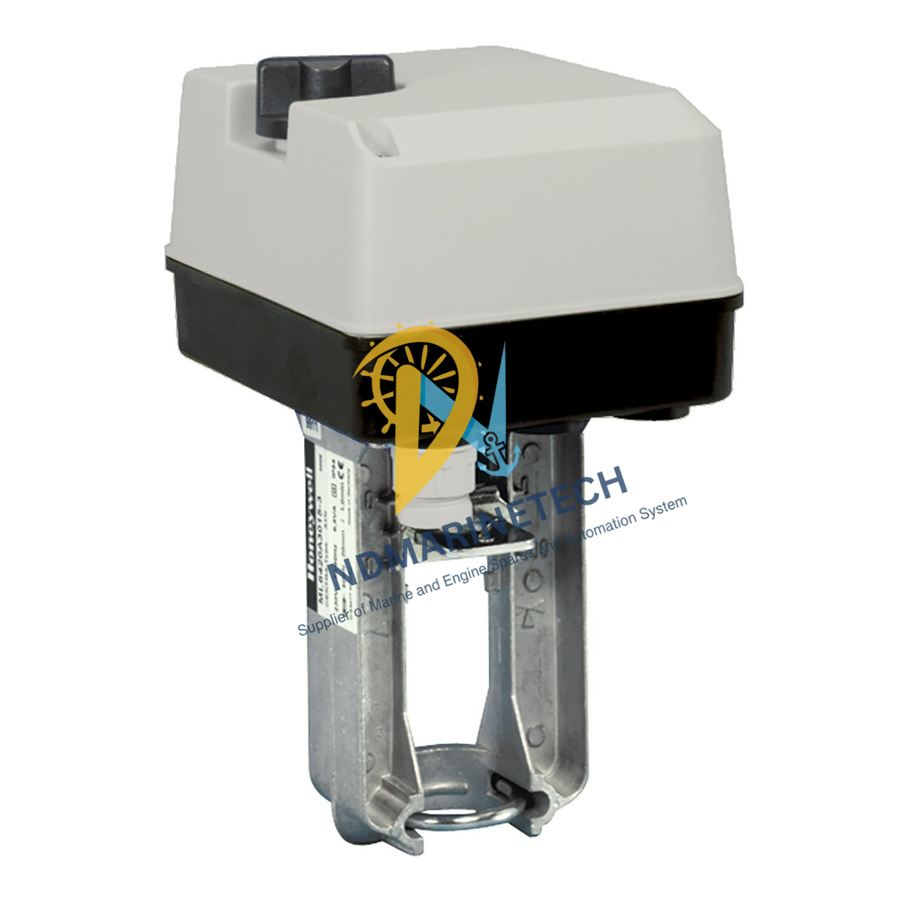 ML7420-A6025 Honeywell ML7420-A6025 Electric Linear Valve Actuator showing mounting yoke and manual override knob, supplied by NDMarineTech