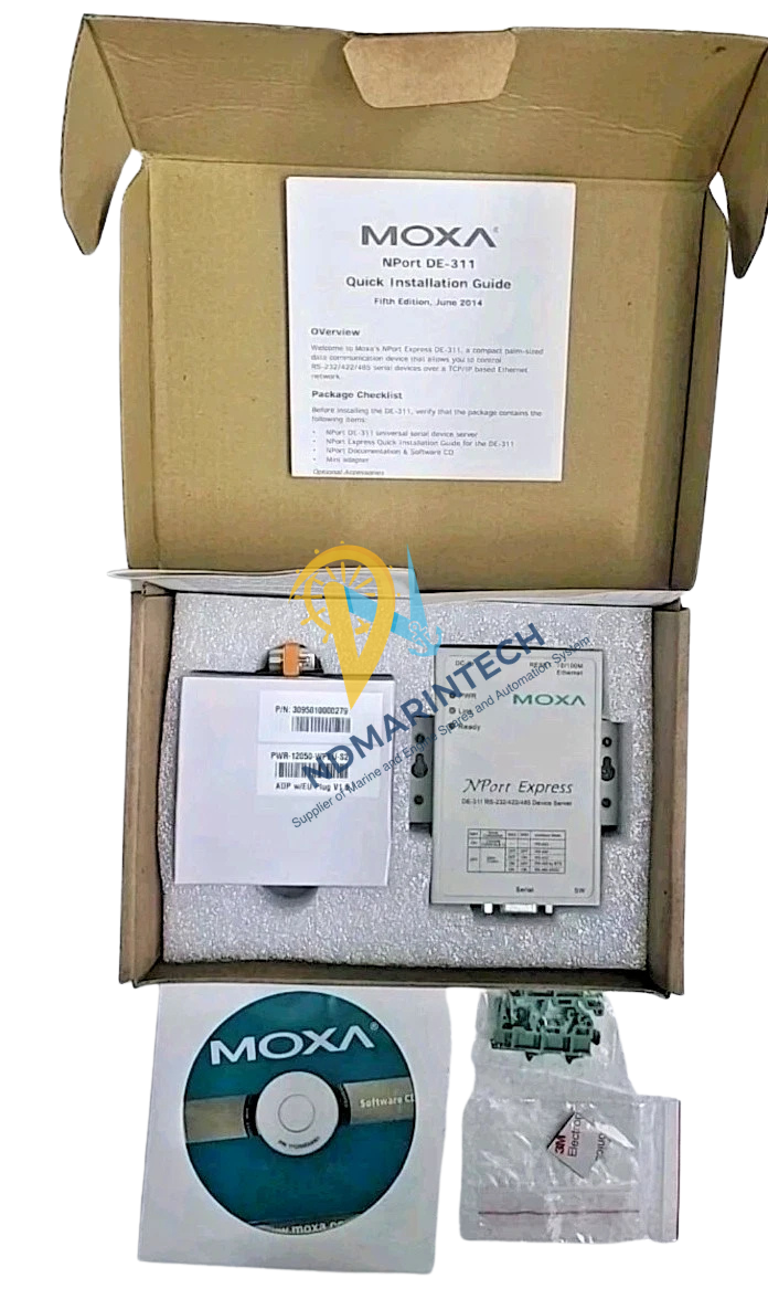 MOXA NPort DE-311(1) MOXA NPort DE-311 retail package including the device server, quick installation guide, software CD, and EU power adapter