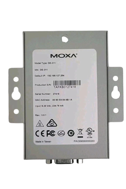 MOXA NPort DE-311 Model Specifications and Certification Label Rear label of MOXA NPort DE-311 showing default IP address 192.168.127.254, MAC address, and power input specifications