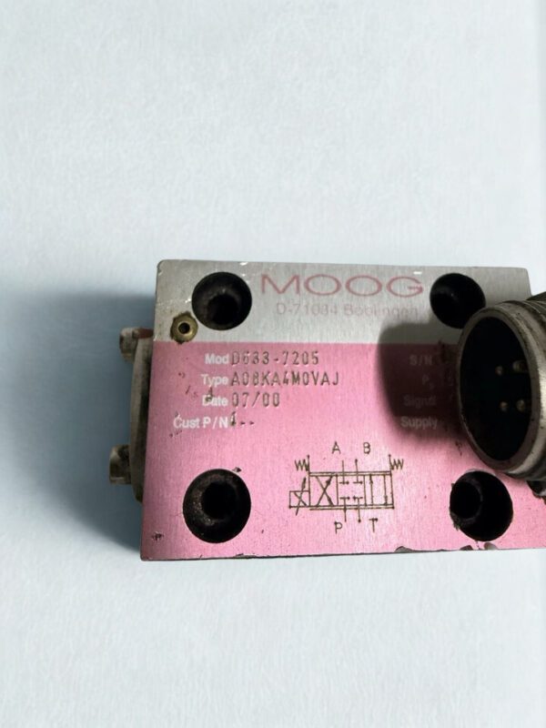 Moog D633-7205 Servo Valve Nameplate Details Moog D633-7205 Servo Valve A08KA4M0VAJ nameplate showing model and type code