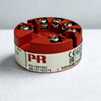 PR Electronics 5331A3B programmable 2-wire temperature transmitter in red housing featuring screw terminals and manufacturer label
