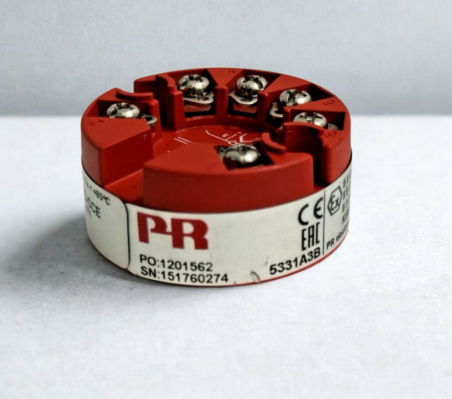 PR-Electronics-5331A3B-Temperature-Transmitter-Front-View PR Electronics 5331A3B programmable 2-wire temperature transmitter in red housing featuring screw terminals and manufacturer label