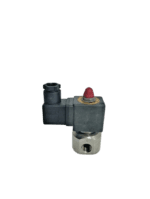 Parker 483510P0 XS03M 3-Way Solenoid Valve side view showing electrical DIN connector and stainless steel base