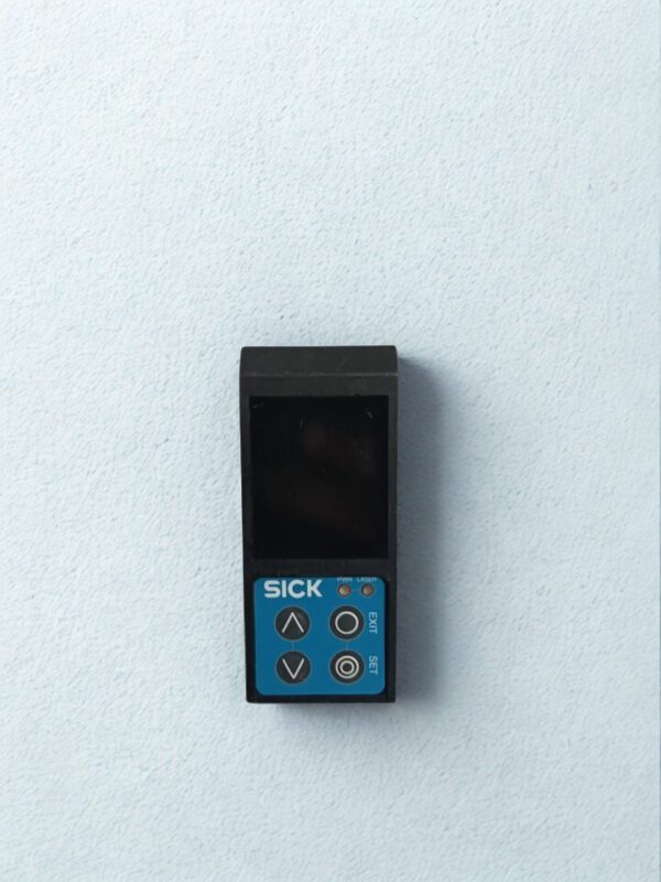 SICK-PRO2-P100B25A1-Front-Display Front view of SICK PRO2-P100B25A1 Displacement Sensor featuring digital display and control buttons for Exit, Set, and Navigation