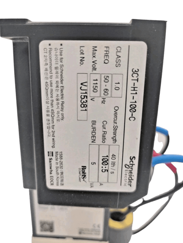 Schneider-3CT-H1-100-C-Current-Transformer-Label Close-up of the 3CT-H1-100-C Current Transformer module label showing 100:5A current ratio, Class 1.0 accuracy, and 50-60Hz frequency rating