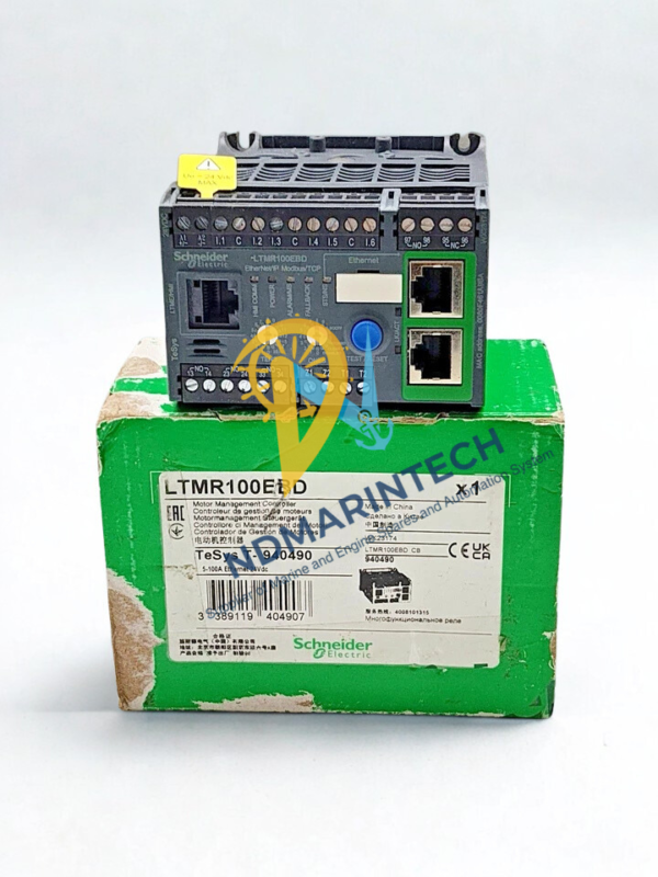 Schneider-Electric-LTMR100EBD-Box-And-Unit Genuine Schneider Electric LTMR100EBD TeSys T Motor Management Controller with original green packaging box showing barcode and model details