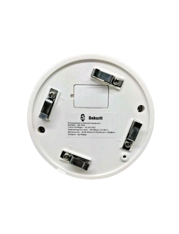 Sekurit-SK-804-Wiring-Terminals Sekurit SK-804 Smoke Detector rear view showing wiring terminals and base contacts