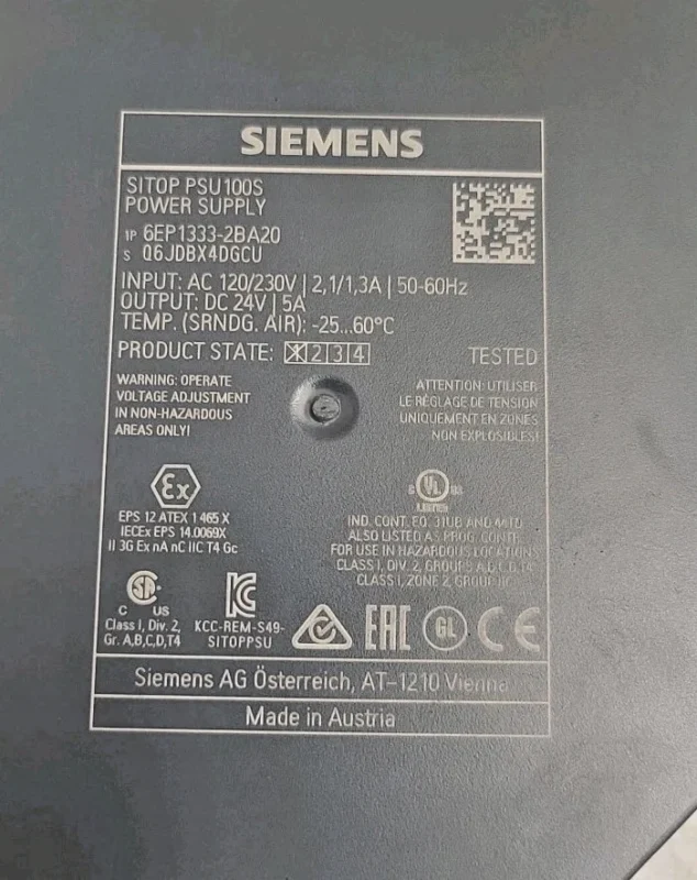 Siemens SITOP PSU100S 6EP1333-2BA20 Technical Specs and Certifications Technical nameplate of Siemens 6EP1333-2BA20 showing input 120/230V, output 24V 5A, and ATEX certifications
