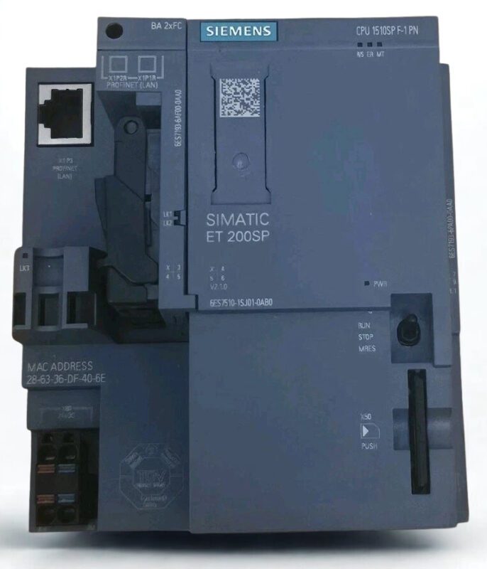 siemens-simatic-et200sp-f-cpu-6es7510-1sj01-0ab0 Front view of Siemens SIMATIC ET 200SP F-CPU 1510SP F-1 PN (6ES7510-1SJ01-0AB0) with integrated BA 2xFC BusAdapter and PROFINET ports