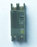 Top-down view of the Square D QOU220 20A breaker highlighting the slotted box lug terminals for secure cable-in/cable-out wiring