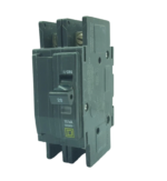 Isometric view of a Square D QOU220 2-pole miniature circuit breaker showing the 20A toggle switch and 10kA interrupting rating for industrial panels