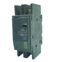 Isometric view of a Square D QOU220 2-pole miniature circuit breaker showing the 20A toggle switch and 10kA interrupting rating for industrial panels